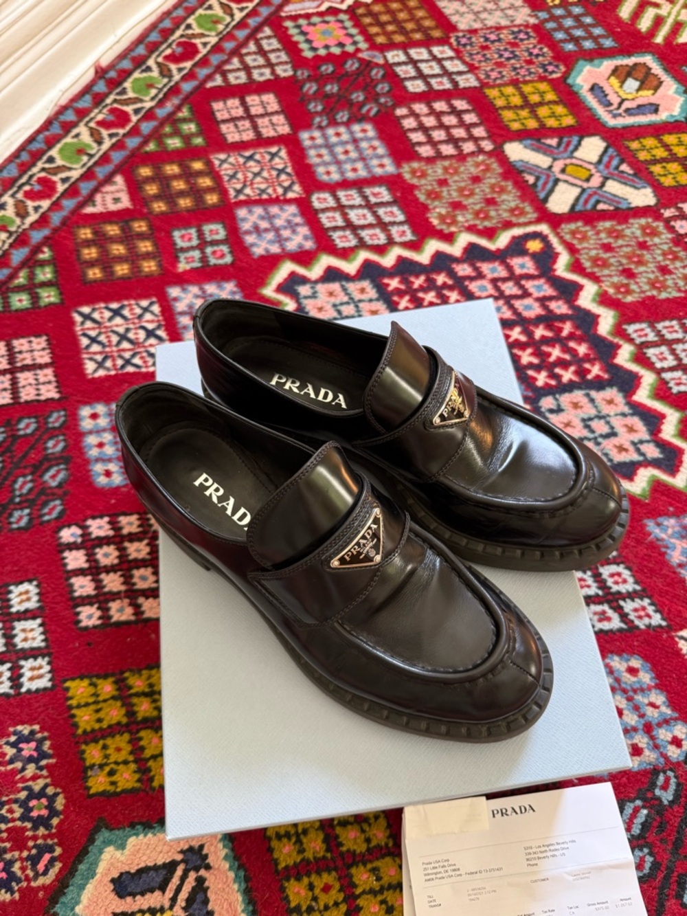 Prada Black Patent Leather Women’s Slip-On Loafers with Triangle Logo - Picture 3 of 5